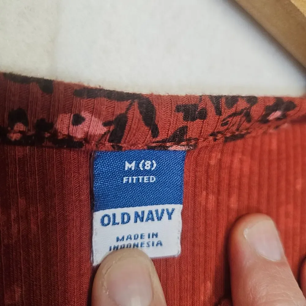 Old Navy Girls Red Floral Fitted Long Sleeve Button Front Top